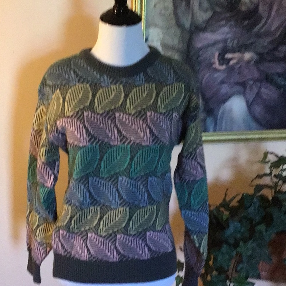 Vintage leaf, patterned, gray, yellow powder, blue, pink, and green sweater